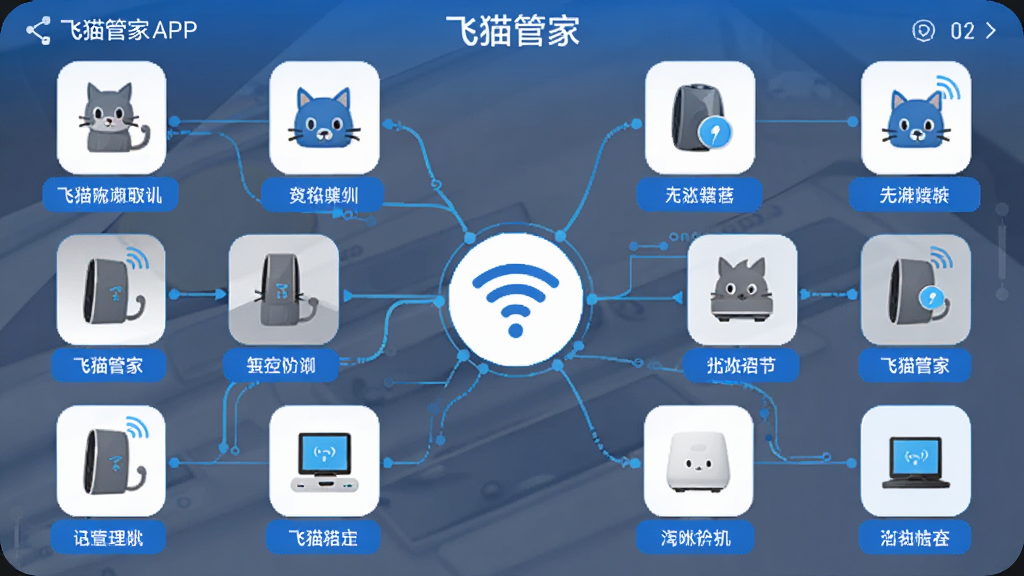飞猫管家APP的设备管理界面截图风格插画,画面中显示多个设备图标通过线条连接到一个中心WiFi图标,每个设备旁边有名称标签,画面中有
