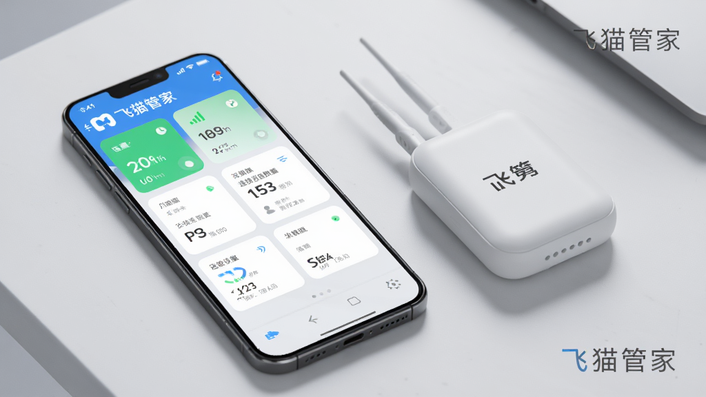 一部智能手机屏幕显示飞猫管家APP的设备监控界面,界面中有电量图标、信号格、连接设备数量等数据卡片,手机旁边放着一个白色随身WiFi设备,背景是简洁的浅灰色桌面,画面中有文字