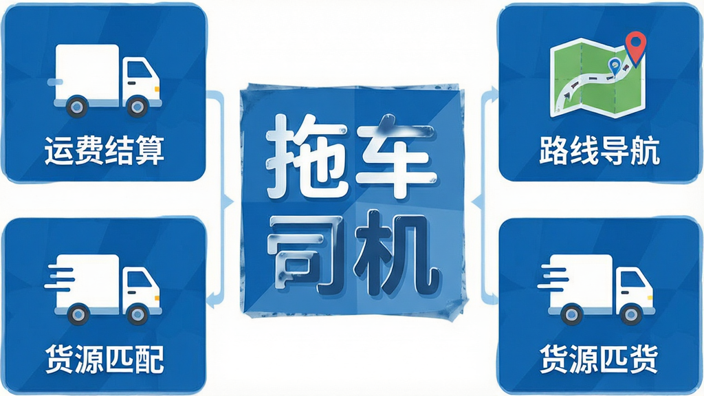 一张信息图表风格图片,画面中央是“拖车帝司机”文字标识,周围环绕运费结算、路线导航、货源匹配三个图标模块,整体采用蓝白配色,扁平化设计,排版整齐,干净无杂乱元素,高清画质