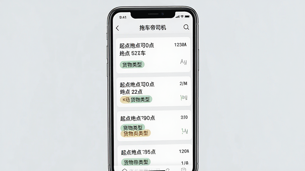 一张手机界面展示图,画面中一部智能手机竖屏显示“拖车帝司机”货源列表页面,列表中有多条货运信息,每条信息带有起点终点和货物类型标签,背景为浅灰色,风格干净清爽,画质清晰,无多余装饰元素