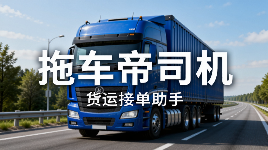 一张横版应用宣传图,画面主体是一辆蓝色重型卡车行驶在宽阔公路上,天空明亮,道路两侧有绿树,画面中央用醒目白色大字写着“拖车帝司机”,下方小字“货运接单助手”,整体风格简洁商务,干净无多余元素,高清画质