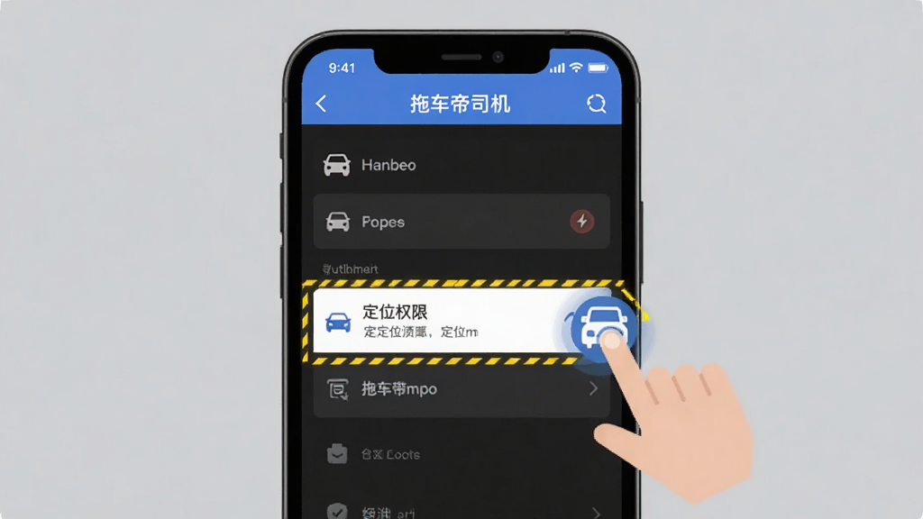 一张手机操作示意图,画面展示一部手机屏幕中“拖车帝司机”的权限设置页面,高亮标注定位权限选项,旁边有手指点击图标,背景简洁,风格扁平化,画质清晰,无多余元素