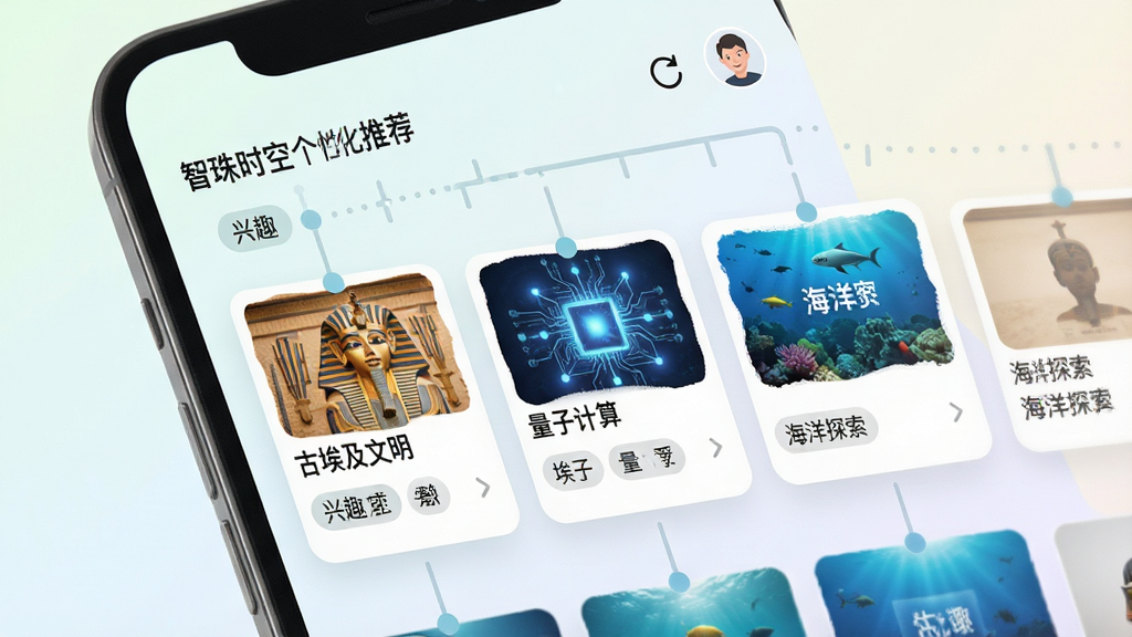 智珠时空个性化推荐界面,手机屏幕展示多个内容卡片,卡片上分别有“古埃及文明”“量子计算”“海洋探索”等标题,卡片以时间轴形式排列,背景为浅色渐变,风格为简洁卡片式设计,细节包含兴趣标签按钮、刷新图标、用户头像,画质清晰,干净,无多余元素