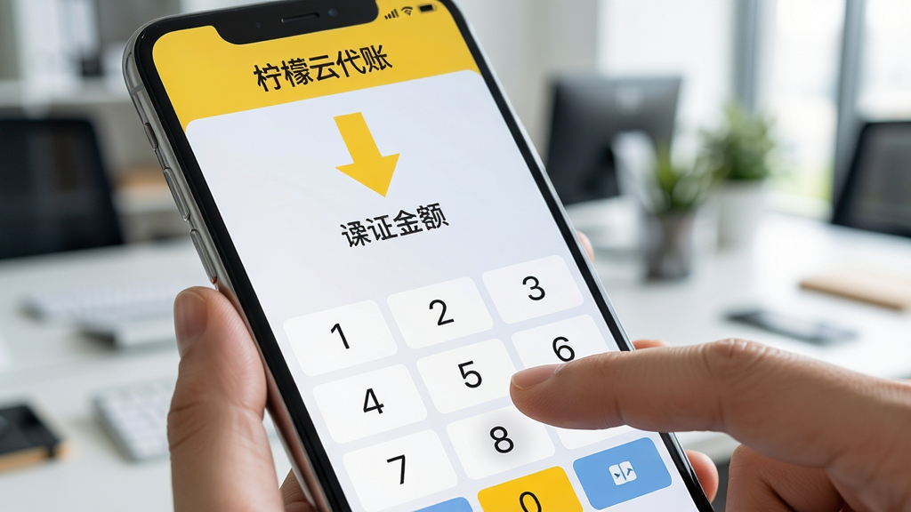 一部智能手机特写,屏幕显示“柠檬云代账”的凭证录入界面,手指正在点击屏幕上的数字键盘进行金额输入,屏幕上方有清晰的操作指引箭头,背景为虚化的办公环境,风格为写实科技风,细节精致,画质清晰,色彩明亮,干净无多余元素