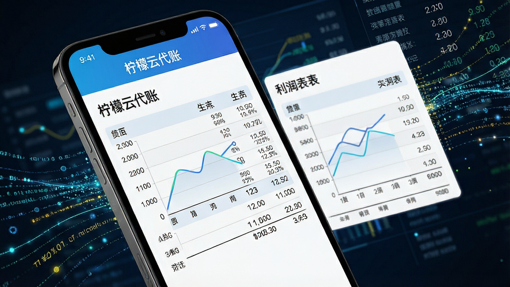一张手机屏幕截图风格画面,展示“柠檬云代账”自动生成的资产负债表和利润表图表,图表线条清晰,数据排列整齐,屏幕周围有动态的数据流动特效,风格为科技数据可视化,细节锐利,画质高清,画面干净无杂乱元素