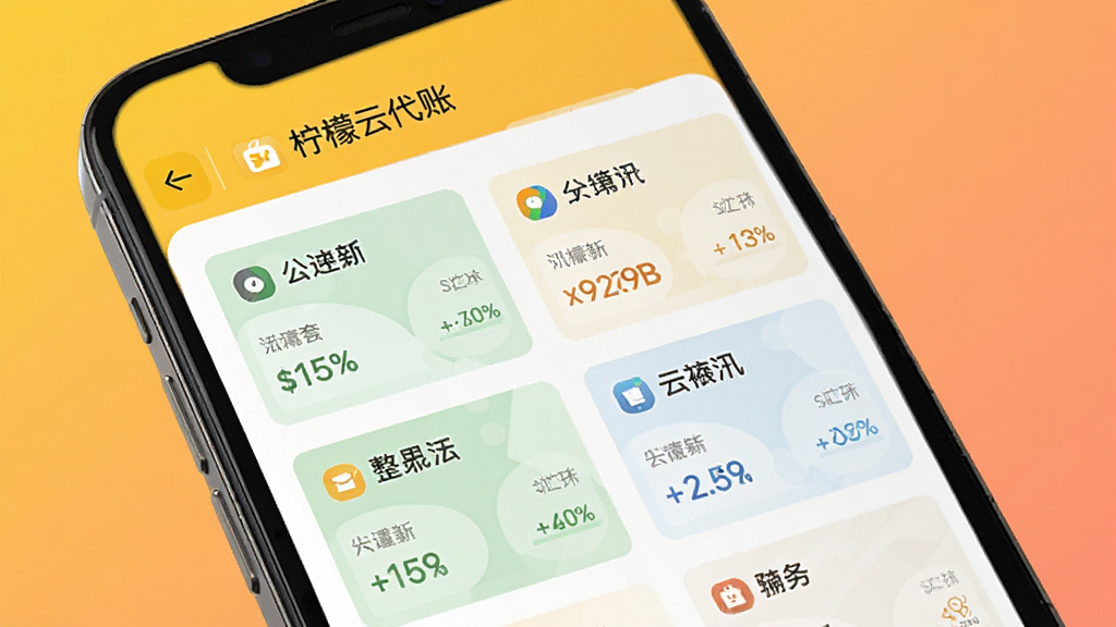 一部手机屏幕显示“柠檬云代账”的多账套管理界面,屏幕中排列着多个不同公司名称的卡片式列表,每个卡片上显示简单的财务状态图标,画面风格为简约扁平化设计,背景为纯色渐变,细节清晰,画质干净,无多余装饰元素