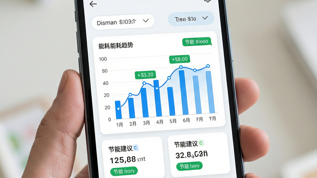 菲斯曼互联能耗统计页面,主体为手机屏幕显示柱状图与折线图,布局上方为时间筛选按钮、中部为能耗趋势图、下方为节能建议卡片,排版清晰,风格为清新浅色,细节包含蓝色数据曲线、绿色节能标签、数值标注,画质高清,干净,无多余元素