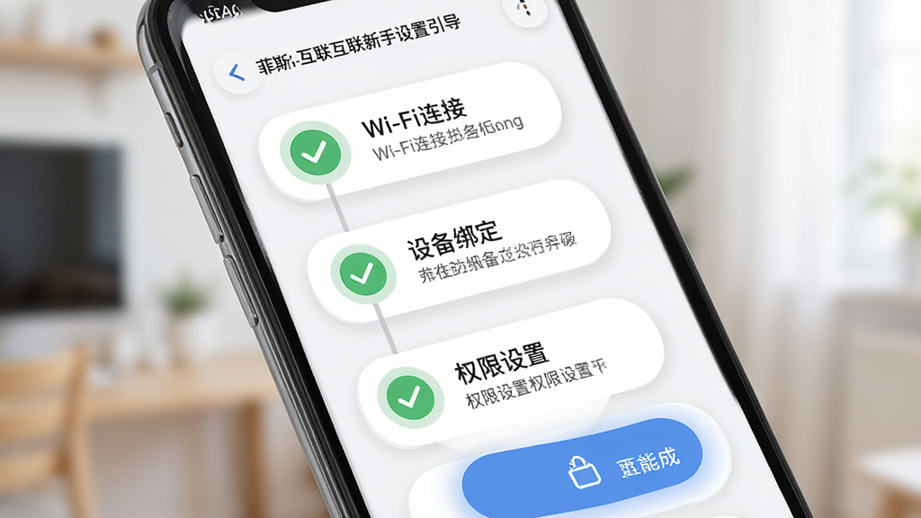 菲斯曼互联新手设置引导页面,主体为手机屏幕显示步骤指引,布局为纵向步骤条,包含Wi-Fi连接、设备绑定、权限设置三个环节,排版清晰,风格为柔和圆角,细节包含绿色对勾图标、蓝色按钮、提示文字,画质高清,干净,无多余元素