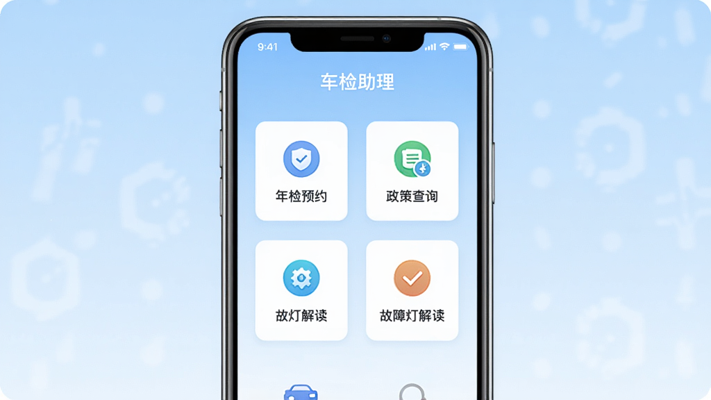 一张展示车检助理软件主界面的手机样机图,画面中央是一部竖向放置的智能手机,屏幕内显示“车检助理”应用首页,包含年检预约、政策查询、故障灯解读等功能图标,背景为浅蓝色渐变,风格简洁现代,细节清晰,画质干净,无多余元素
