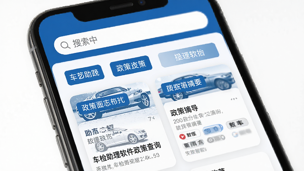 车检助理软件政策查询页面的手机界面图,屏幕内显示多个地区标签与政策摘要卡片,顶部有搜索框,整体配色以蓝白为主,风格商务简洁,画质清晰,干净无杂乱元素