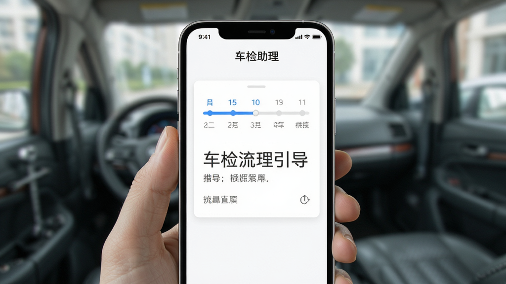 车检助理软件内年检流程引导页面的界面展示图,手机屏幕中显示步骤进度条与文字说明,页面标题为“车检助理”,背景为白色卡片式布局,风格清爽,画质清晰,干净无多余元素