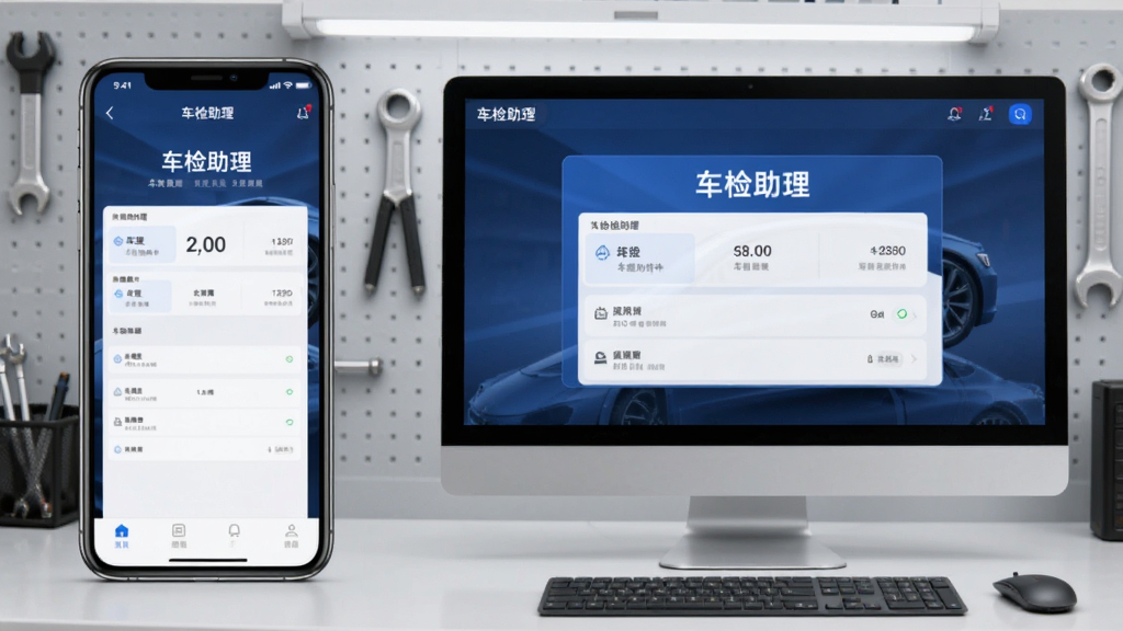车检助理软件在手机与电脑模拟器上同时运行的对比展示图,左侧为手机界面,右侧为电脑大屏界面,屏幕中均显示“车检助理”功能页面,背景为浅灰色工作台,风格科技简洁,画质清晰,干净无多余元素