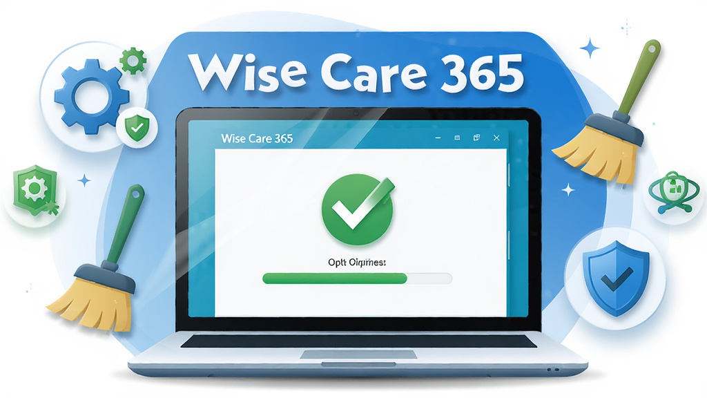 ������һ̨�򿪵ıʼǱ����ԣ���Ļ����ʾWise Care 365�������棬����������ɫ�ĶԹ�ͼ���ϵͳ�Ż������������ֲ��þ��й�ͼ�����Է����ڻ������룬��Χ�����ų��֡�ɨ�㡢���Ƶȴ��������밲ȫ��ͼ��Ԫ�أ��Ű������ˣ���������