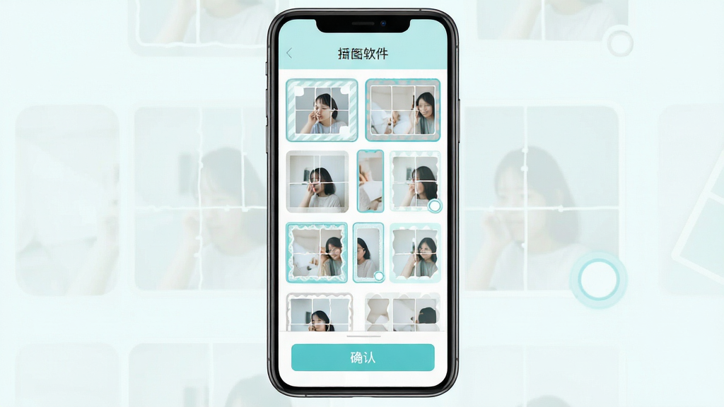 手机照片拼图软件界面中展示多种拼图模板选择页,主体为手机屏幕,布局为顶部标题栏、中间模板缩略图网格、底部确认按钮,排版整齐,风格为清新浅色系,细节包括不同样式的拼图边框预览、选中高亮效果,画质高清,干净,无多余元素