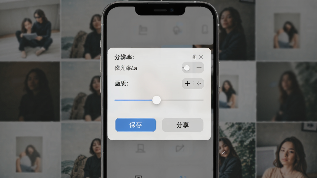 手机照片拼图软件导出设置界面,主体为手机屏幕,布局为中间弹出导出参数面板、背景为拼图预览,排版简洁,风格为浅灰质感,细节包括分辨率选项、画质滑块、保存和分享按钮,画质高清,干净,无多余元素