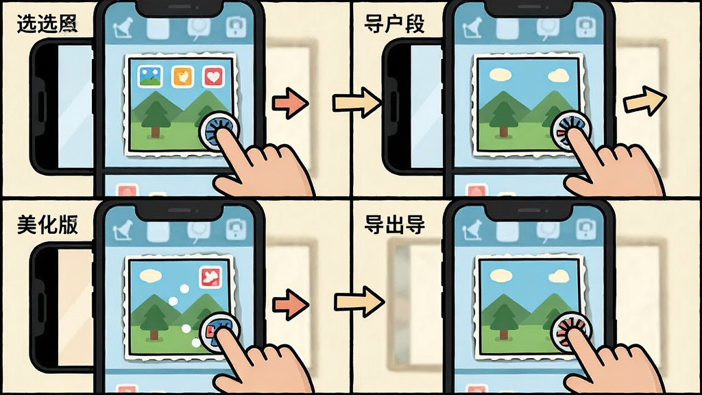 手机照片拼图新手操作示意图,主体为手机屏幕显示拼图步骤分解,布局为四格漫画式排列,分别展示选图、排版、美化、导出四个步骤,排版清晰,风格为卡通扁平化,细节包括手指点击图标、箭头引导、文字标注,画质高清,干净,无多余元素