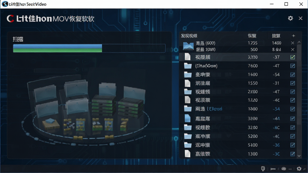 比特佳能MOV视频数据恢复软件深度扫描功能界面图,画面展示软件正在进行底层扇区扫描,进度条和文件列表动态更新,背景为深蓝色科技纹理,主体突出扫描进度和已发现视频数量,风格专业简洁,画质清晰,干净,无多余元素