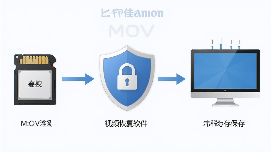 比特佳能MOV视频数据恢复软件安全恢复流程示意图,画面展示从存储卡读取数据到电脑保存的完整流程,中间有盾牌图标表示安全保护,风格简洁明了,画质清晰,干净,无多余元素
