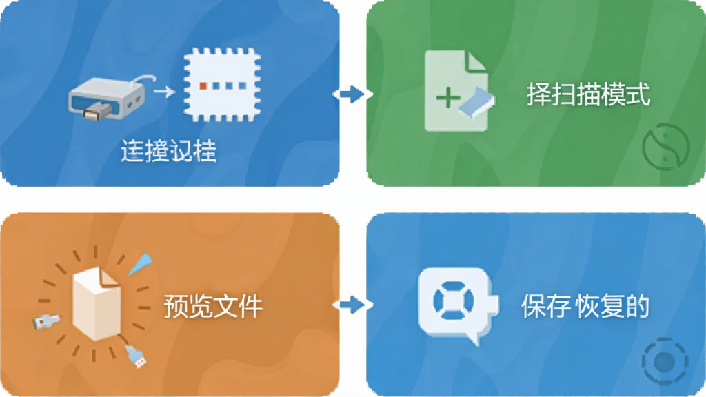 比特佳能MOV视频数据恢复软件操作步骤示意图,画面展示从连接设备、选择扫描模式、预览文件到保存恢复的四个步骤,每个步骤配简洁图标和文字说明,风格扁平化,画质清晰,干净,无多余元素