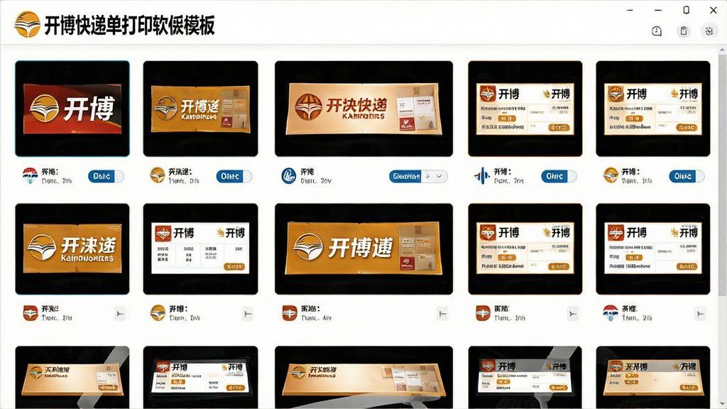 一张展示开博快递单打印软件模板选择界面的图片,画面中整齐排列着多家快递公司的Logo与面单缩略图,界面风格清爽,布局为网格状,细节丰富,画质干净,无多余元素
