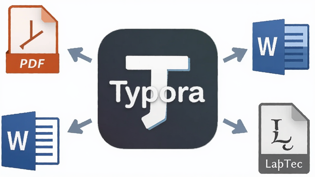 一张展示 Typora 导出功能的概念图,画面中央是「Typora」软件图标,周围环绕着 PDF、HTML、Word、Epub、LaTeX 等格式的文档图标,用箭头从中心指向四周,表示导出过程,风格简洁商务,配色以蓝色和灰色为主,背景干净,画质清晰,无多余元素。