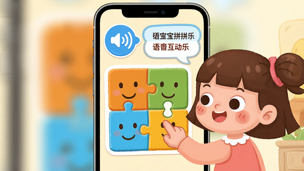 宝宝拼拼乐语音互动引导场景,主体是卡通小女孩正在点击拼图块,布局为手机屏幕竖版界面,排版突出语音气泡和拼图区域,风格为温馨儿童插画风,细节包括语音波纹图标、鼓励文字气泡、彩色拼图碎片和微笑表情,画质高清干净无多余元素