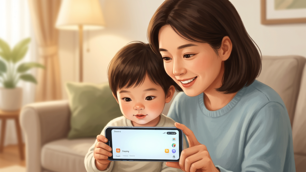宝宝拼拼乐安全无广告使用场景,主体是家长和孩子一起看手机屏幕,布局为居家客厅背景,排版以人物和手机为中心,风格为温暖写实插画,细节包括微笑的家长、专注的孩子、干净的手机界面和柔和光线,画质高清干净无多余元素