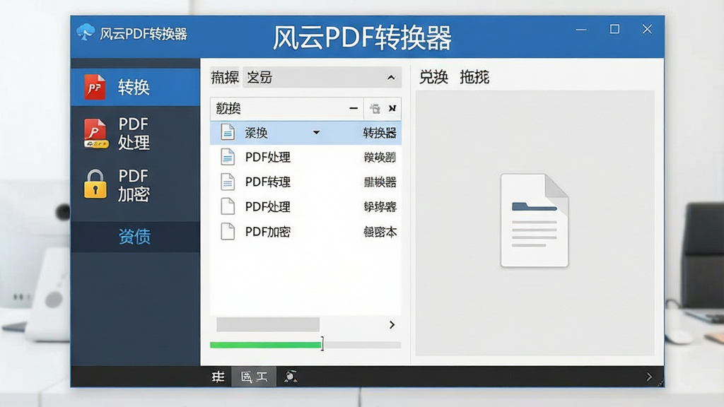 一张展示风云PDF转换器软件主界面的图片,画面中央是软件窗口,左侧为功能导航栏,包含PDF转换、PDF处理、PDF加密等选项,右侧为文件拖拽区域,窗口上方有“风云PDF转换器”文字标识,整体布局简洁清晰,风格为现代扁平化办公软件界面,细节包括按钮图标、文件列表、进度条等元素,画质清晰,干净无多余元素