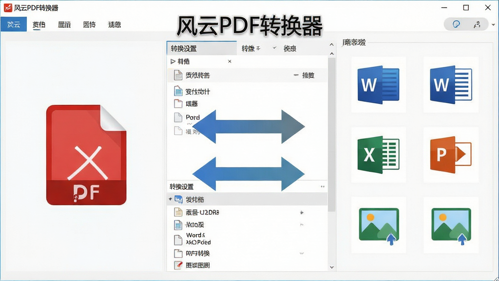 一张展示风云PDF转换器格式转换功能的图片,画面主体是软件界面中的转换设置面板,左侧显示PDF文件图标,右侧显示Word、Excel、PPT、图片等多种格式图标,中间有箭头表示双向转换关系,界面中出现“风云PDF转换器”字样,布局为左右分栏排版,风格为清爽的办公软件界面,细节包括格式图标、转换按钮、文件列表,画质清晰,干净无多余元素