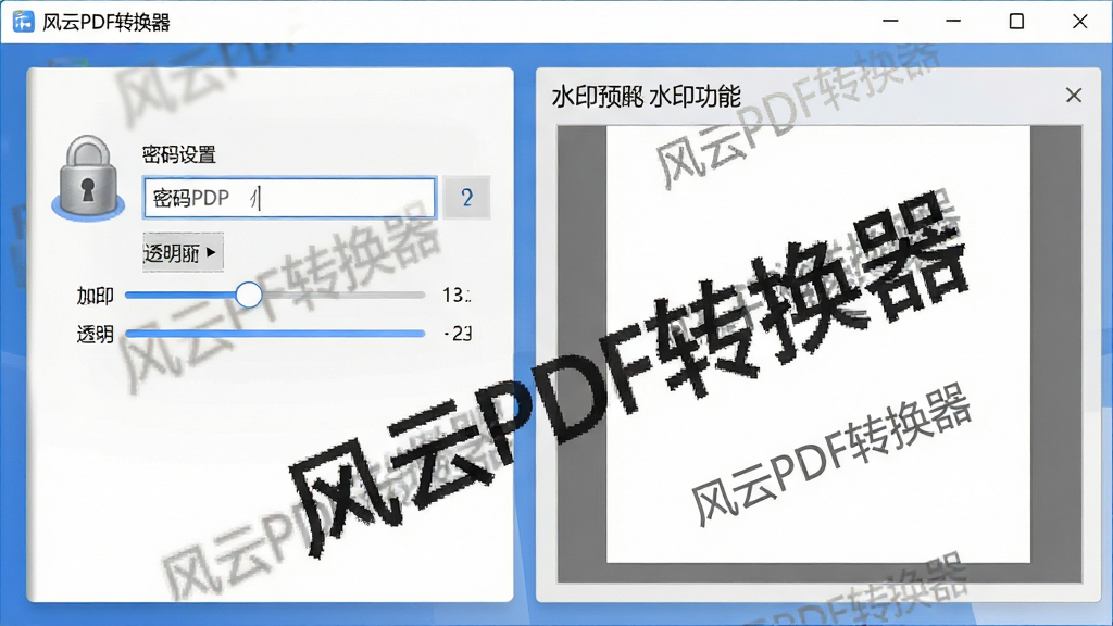 一张展示风云PDF转换器加密与水印功能的图片,画面中软件界面显示密码设置框和水印预览区域,水印内容为“风云PDF转换器”字样斜向铺满页面,布局为上下结构排版,风格为安全办公软件界面,细节包括锁形图标、密码输入框、水印透明度调节滑块,画质清晰,干净无多余元素
