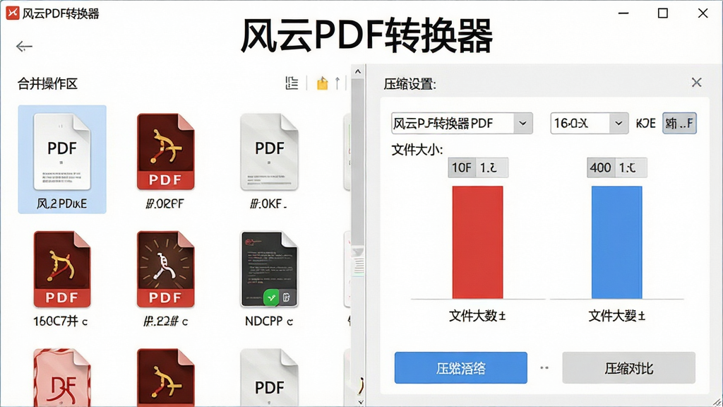 一张展示风云PDF转换器PDF合并与压缩功能的图片,画面中软件界面分为两个区域,左侧为合并操作区显示多个PDF文件排列,右侧为压缩设置区显示文件大小对比,窗口上方有“风云PDF转换器”文字,布局为左右分栏排版,风格为简约商务软件界面,细节包括文件图标、大小数值、操作按钮,画质清晰,干净无多余元素