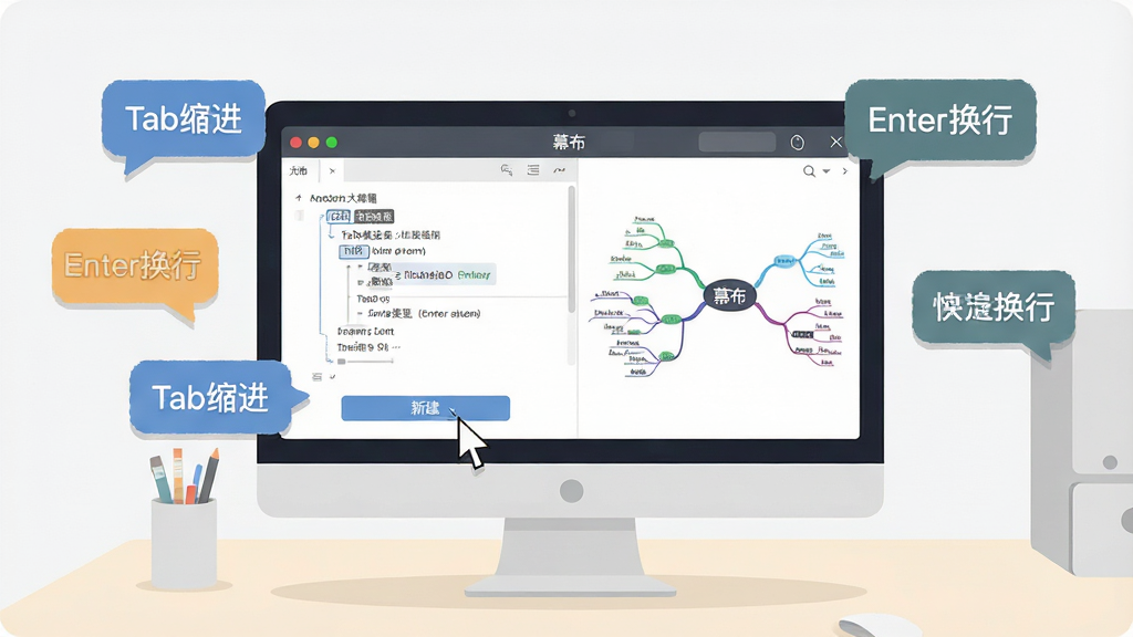 一幅展示幕布软件新手操作界面的插画,主体为电脑屏幕,屏幕上显示大纲编辑区域和右侧思维导图预览,屏幕旁边漂浮着提示气泡,气泡中写着“Tab缩进”“Enter换行”等快捷键提示,布局为屏幕居中,气泡环绕,风格为扁平化教学风,细节包括鼠标指针指向新建按钮,背景为浅色办公桌面,画质高清,干净,无多余元素,画面中文字为“幕布”