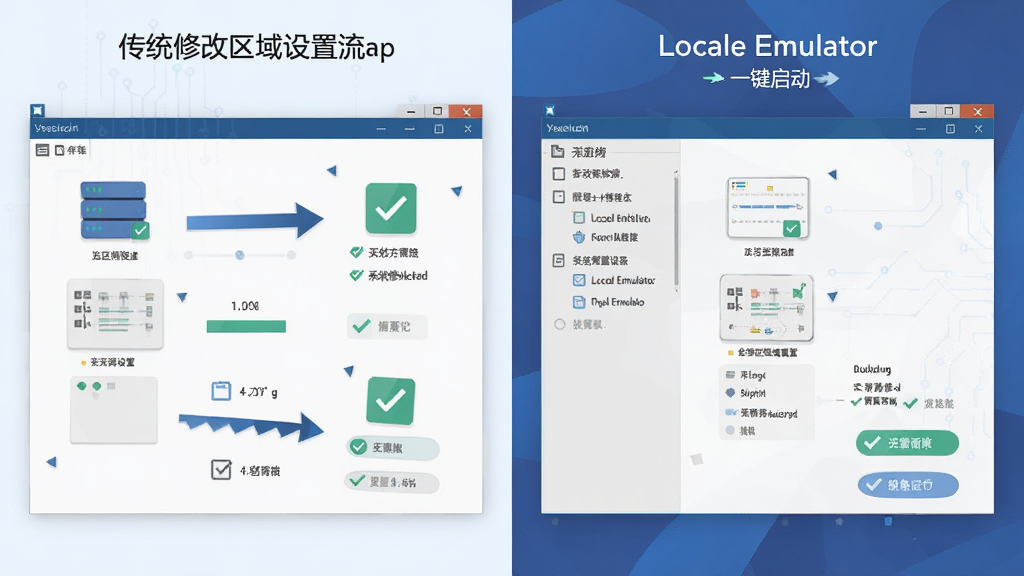 Locale Emulator �����޸�ϵͳ�������ù���ʾ��ͼ������Ϊ����������ϵͳ�������Աȣ����������ʾ��ͳ�޸������������̣��Ҳ���ʾ Locale Emulator һ���������Ű����������Ϊ�Ƽ��б�ƽ�廭��ϸ�ڰ�����ͷָ������ѡ��ǡ���ˬ��ɫ�������������ɾ����޶���Ԫ��