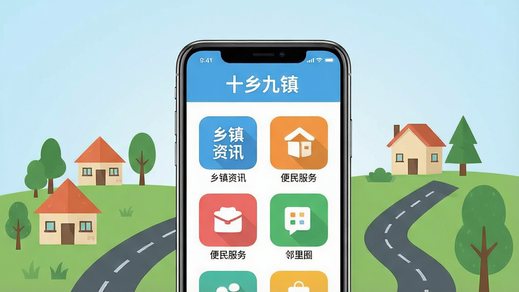 一张展示十乡九镇手机应用界面的场景图,画面中央是一部智能手机,屏幕上显示着十乡九镇APP的主页,主页上有乡镇资讯、便民服务、邻里圈等彩色图标,手机周围环绕着乡镇风景的简笔画元素如小房子、树木、道路,整体布局采用中心构图,风格为扁平化插画风,细节包括手机屏幕上的文字“十乡九镇”清晰可见,背景是柔和的浅蓝色渐变,画质清晰,干净,无多余元素