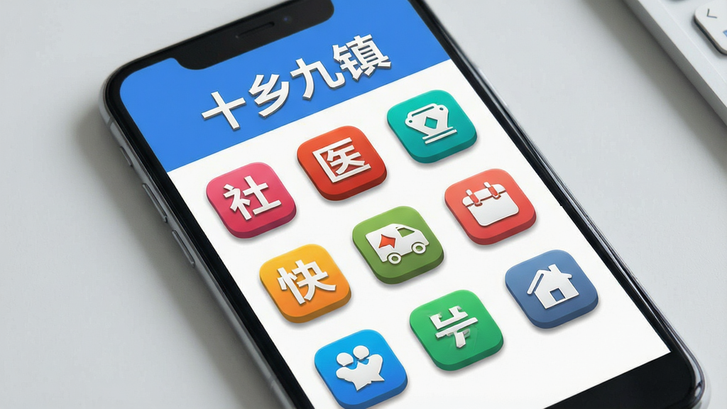 一张展示手机界面功能模块的示意图,画面主体是一部手机,屏幕上以网格形式排列着社保、医保、缴费、快递、挂号等便民服务图标,每个图标色彩鲜明,布局为上下结构,手机上方有“十乡九镇”的横幅,风格为简洁UI展示风,细节包括图标带有轻微的立体阴影效果,背景是浅灰色的桌面,画质清晰,干净,无多余元素