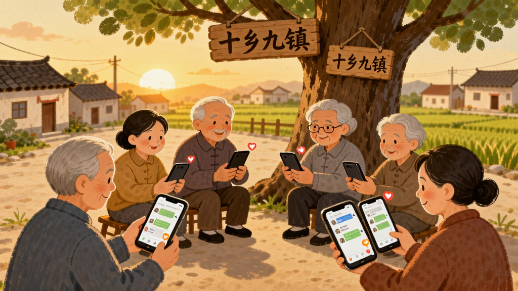 一幅温馨的乡镇邻里互动场景插画,画面中几位不同年龄的居民围坐在村口大树下,每个人手里都拿着手机,手机屏幕上显示着聊天界面和点赞图标,布局为环形构图,风格为温暖手绘风,细节包括大树上挂着“十乡九镇”的木牌,背景是夕阳下的乡村房屋和田野,画质柔和,干净,无多余元素