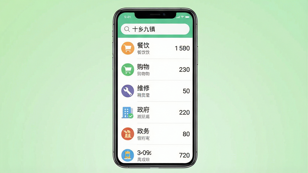 一张展示电子黄页功能的手机界面图,画面主体是手机屏幕,屏幕上显示着分类列表如餐饮、购物、维修、政务等,每个分类旁边有对应的图标和数量提示,布局为垂直列表式,风格为清新扁平风,细节包括屏幕顶部有搜索框并显示“十乡九镇”字样,背景是淡绿色的渐变,画质清晰,干净,无多余元素