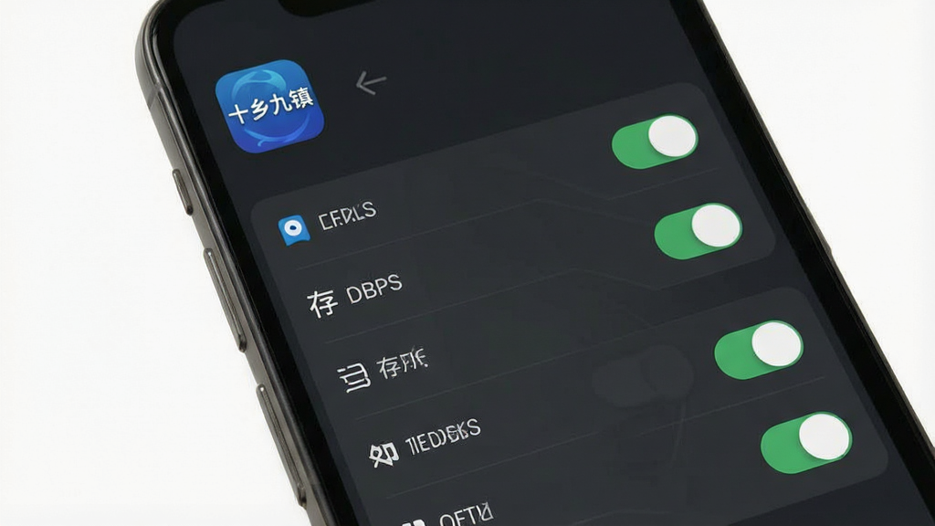 一张展示手机安全设置界面的示意图,画面主体是手机屏幕,屏幕上显示着应用权限管理页面,有定位、存储、通知等权限开关,布局为垂直列表,风格为简洁科技风,细节包括屏幕上方有“十乡九镇”的应用图标,背景是深灰色的设置界面,画质清晰,干净,无多余元素