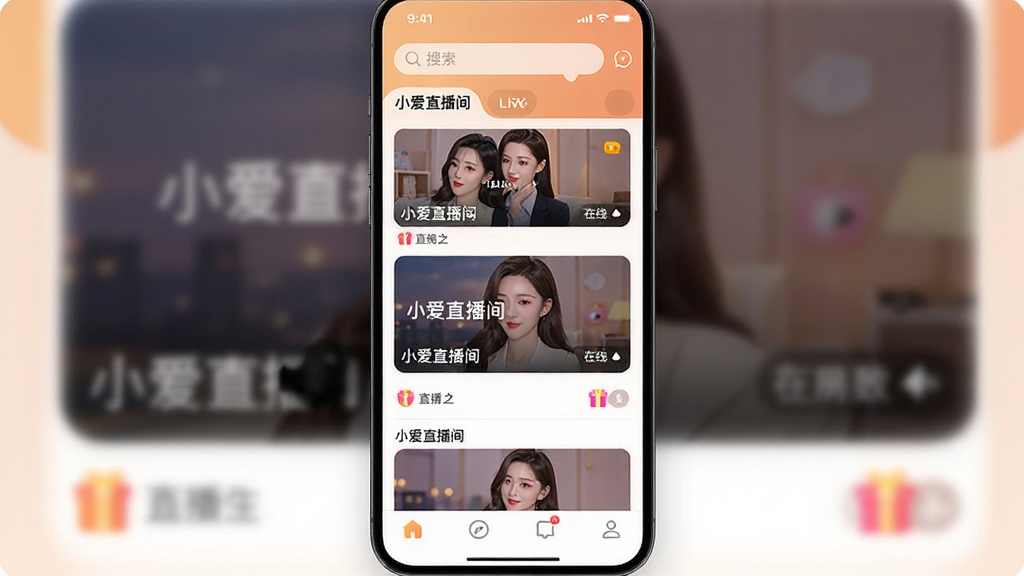 一张手机屏幕展示直播应用主界面,画面中央是直播广场卡片列表,顶部有搜索框,底部有导航栏,界面中清晰显示“小爱直播间”字样,整体采用暖色调,布局为竖版手机截图风格,风格现代简洁,细节包括房间封面图、在线人数、礼物图标,画质清晰,干净,无多余元素