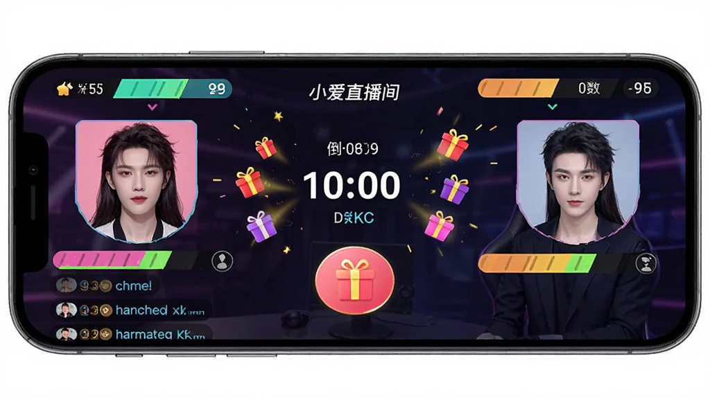 手机屏幕显示直播PK对战界面,左右两侧各有一位主播头像和进度条,中间有倒计时和礼物按钮,画面中带有“小爱直播间”文字,布局为竖版,风格竞技感强,细节包括分数条、礼物特效、观众弹幕,画质清晰,干净,无多余元素