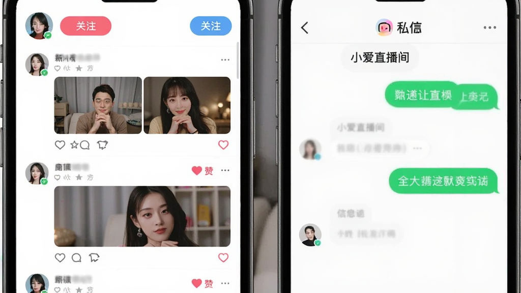 手机界面展示社交动态列表和私信聊天窗口,顶部有用户头像和关注按钮,画面中带有“小爱直播间”字样,布局为竖版,风格简洁社交,细节包括动态图片、点赞图标、聊天气泡,画质清晰,干净,无多余元素