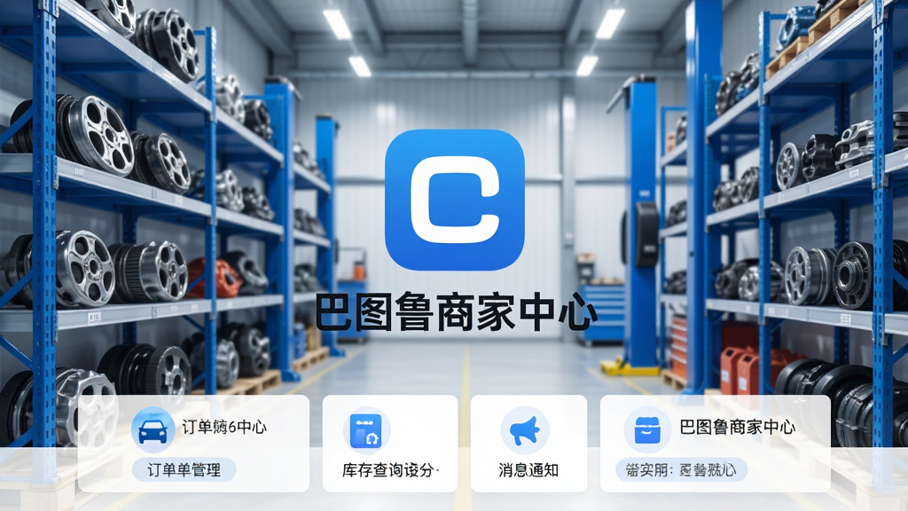 巴图鲁商家中心手机应用主界面,画面中央为软件图标和名称“巴图鲁商家中心”,背景为汽车配件仓库场景,货架上整齐摆放各种汽车零件,蓝白配色,科技感与商务感结合,界面排版清晰,展示订单管理、库存查询、消息通知等功能模块,风格简洁专业,细节丰富,高清画质,干净无多余元素
