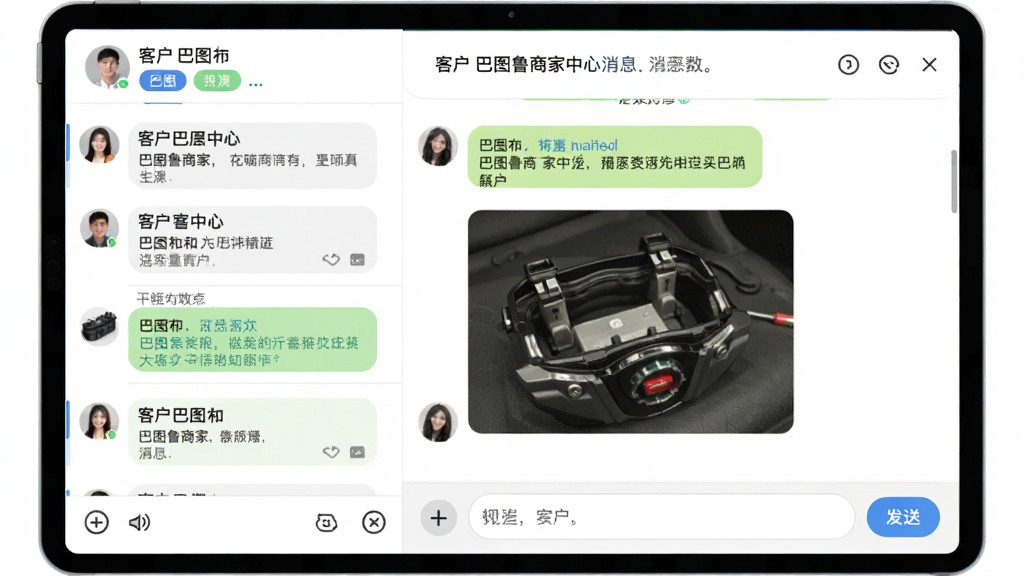 巴图鲁商家中心消息沟通界面,画面展示聊天列表和对话窗口,对话中包含文字消息和汽车配件图片,顶部有客户名称和标签,底部有输入框和发送按钮,背景为浅色,界面排版简洁,风格友好亲切,细节清晰,高清画质,干净无多余元素