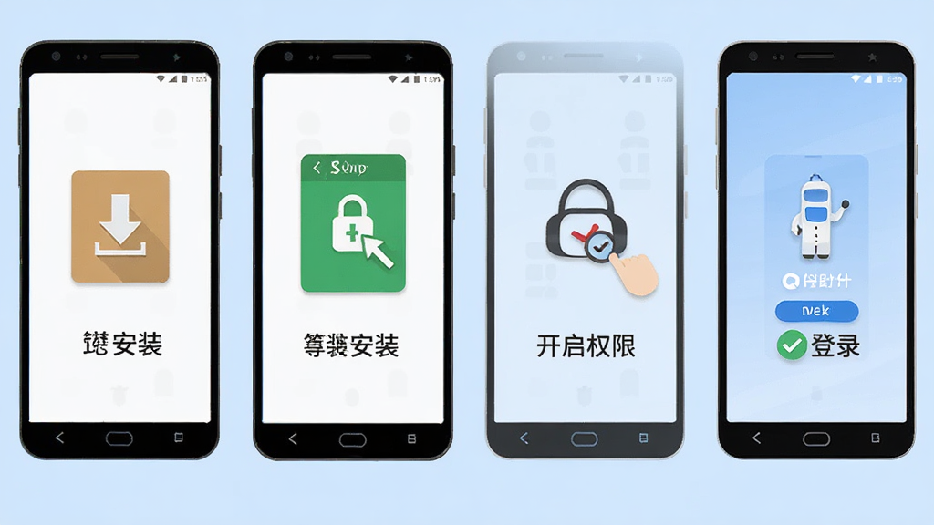 巴图鲁商家中心安卓手机安装步骤示意图,画面展示手机屏幕从下载安装包到点击安装、开启权限、登录成功的四个步骤,每个步骤配简洁图标和文字说明,背景为浅蓝色,风格扁平化教程风,排版清晰,细节明了,高清画质,干净无多余元素