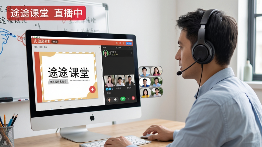 途途课堂名师直播课堂场景图,画面主体为一位教师正在电脑前进行在线授课,屏幕中显示途途课堂直播界面,包含课件展示区、学生互动区与在线人数统计,布局采用中心聚焦方式,风格为真实教学场景写实风,细节包含教师佩戴耳机、白板书写、学生头像弹幕等元素,画面中文字标注“途途课堂 直播中”,画质高清,干净整洁,无多余元素