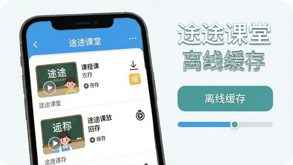 途途课堂课程回放与离线缓存功能展示图,画面主体为一部手机屏幕显示途途课堂课程回放列表,旁边有下载缓存按钮与进度条,布局采用手机界面特写方式,风格为清新扁平化设计风,细节包含课程缩略图、播放按钮、缓存标识等元素,画面中文字标注“途途课堂”与“离线缓存”,画质清晰,干净整洁,无多余元素