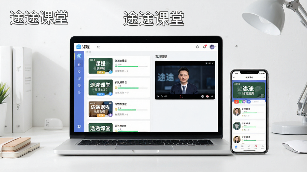 途途课堂在线学习软件主界面预览图,画面中央展示一台笔记本电脑和一部智能手机并排摆放,屏幕中显示途途课堂的课程列表与直播课堂界面,背景为明亮整洁的书桌环境,主体突出软件界面,布局采用左右分栏对比展示,风格为现代简约科技风,细节包含课程封面、名师头像、学习进度条等元素,画面中文字标注“途途课堂”字样,画质清晰,干净整洁,无多余元素
