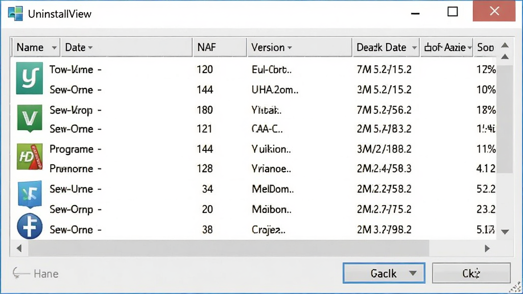 UninstallView 软件扫描界面,窗口中央展示已安装程序表格,包含软件图标、名称、版本、厂商、安装日期、占用大小等字段,界面采用 Windows 原生风格,列表清晰排列,背景干净整洁,高清画质,无多余元素