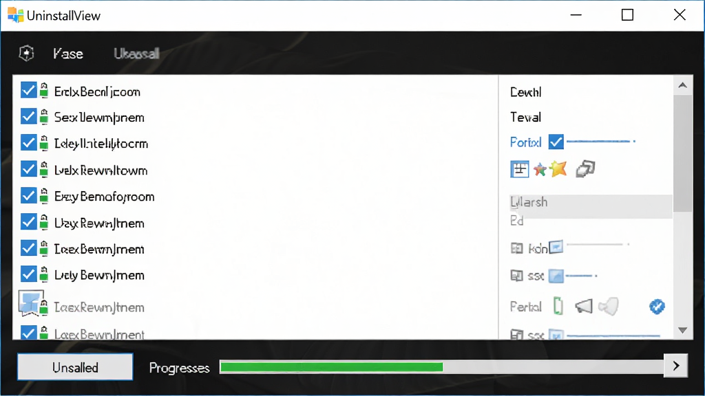 UninstallView 批量卸载操作界面,列表中多个软件被勾选,底部显示卸载按钮与进度提示,窗口风格简洁,Windows 界面元素清晰,背景干净,高清画质,无多余装饰