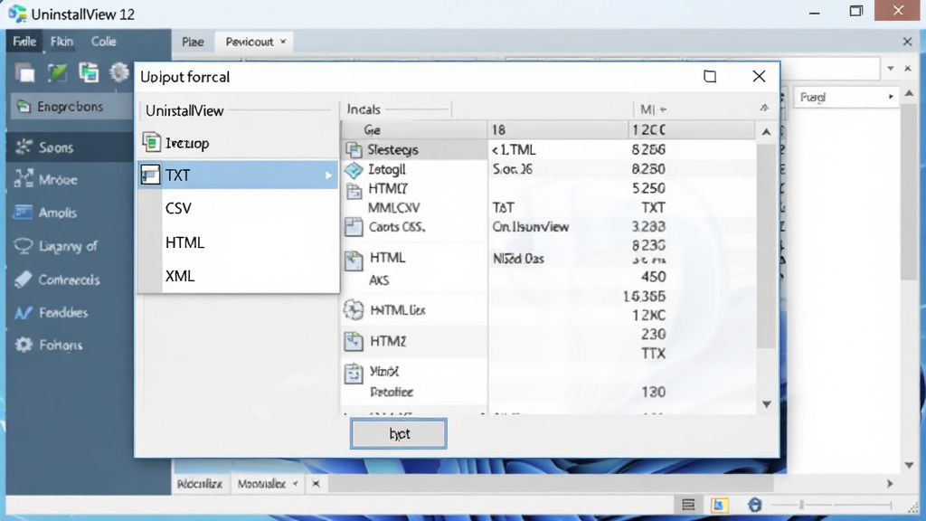 UninstallView 导出功能界面,窗口显示导出格式选择菜单,包含 TXT、CSV、HTML、XML 等选项,背景为软件主界面,列表数据清晰可见,Windows 风格,干净整洁,高清画质,无多余元素
